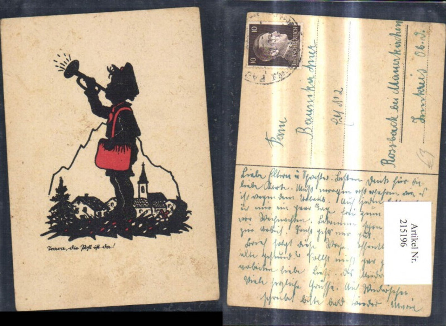 215196,Scherenschnitt Silhouette Hurra die Post ist da Postbote Trompete Dorf