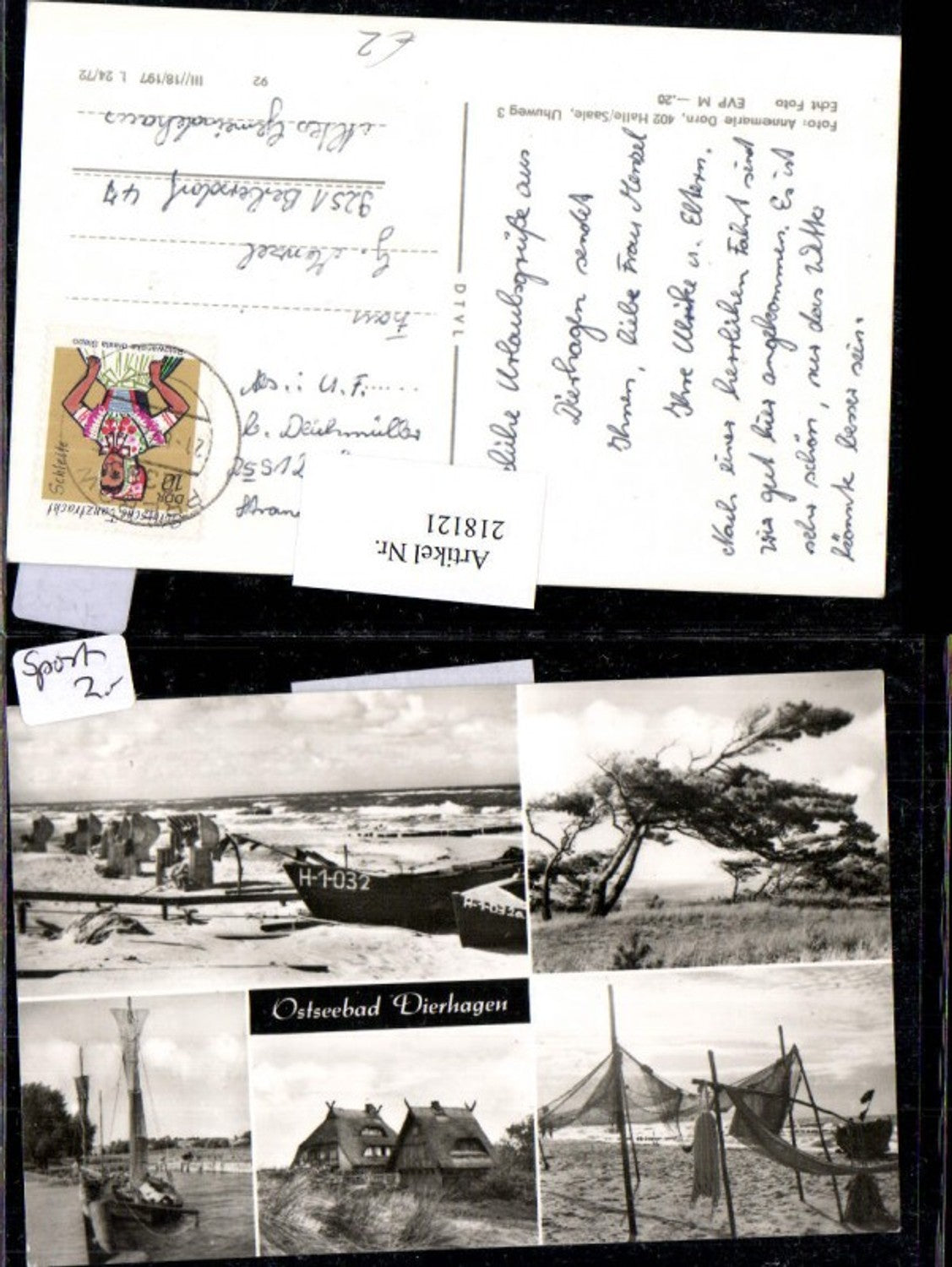 218121,Ostseebad Dierhagen Partie Strandkörbe Boot Hausansicht Bäume Mehrbildkarte