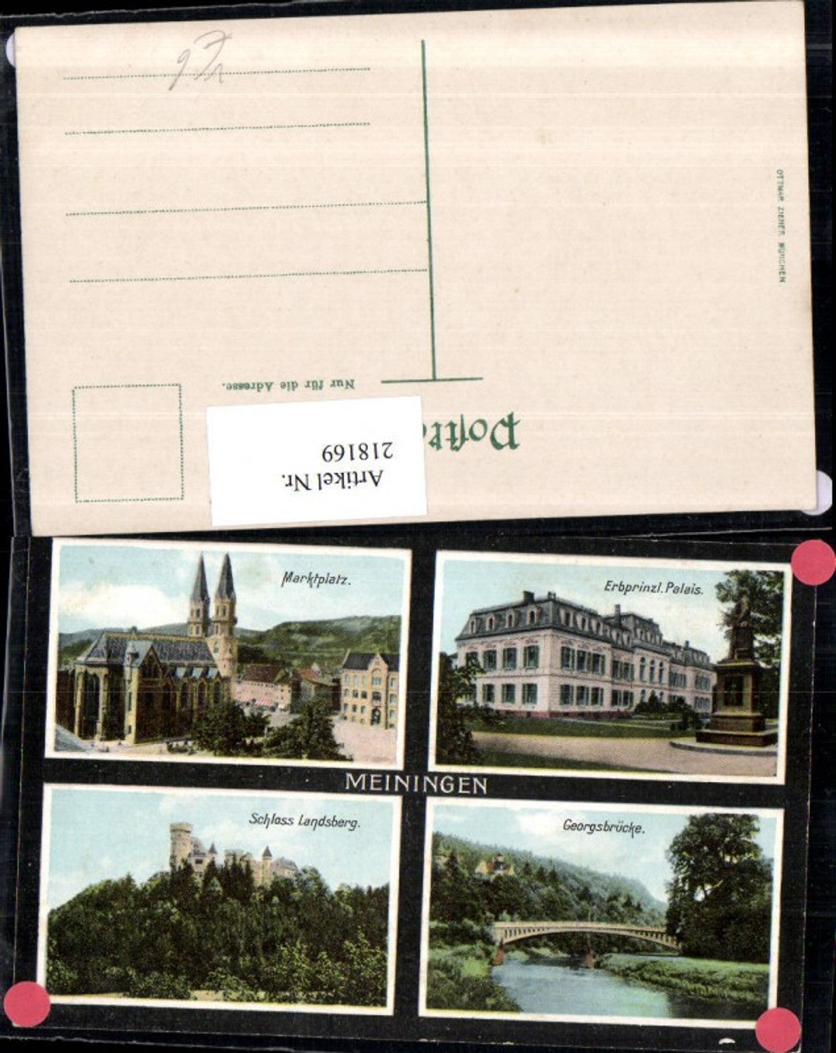 218169, Meiningen Market Square Landsberg Castle Georgsbrücke Hereditary Prince's Palace Multi-view postcard pub Ottmar Zieher