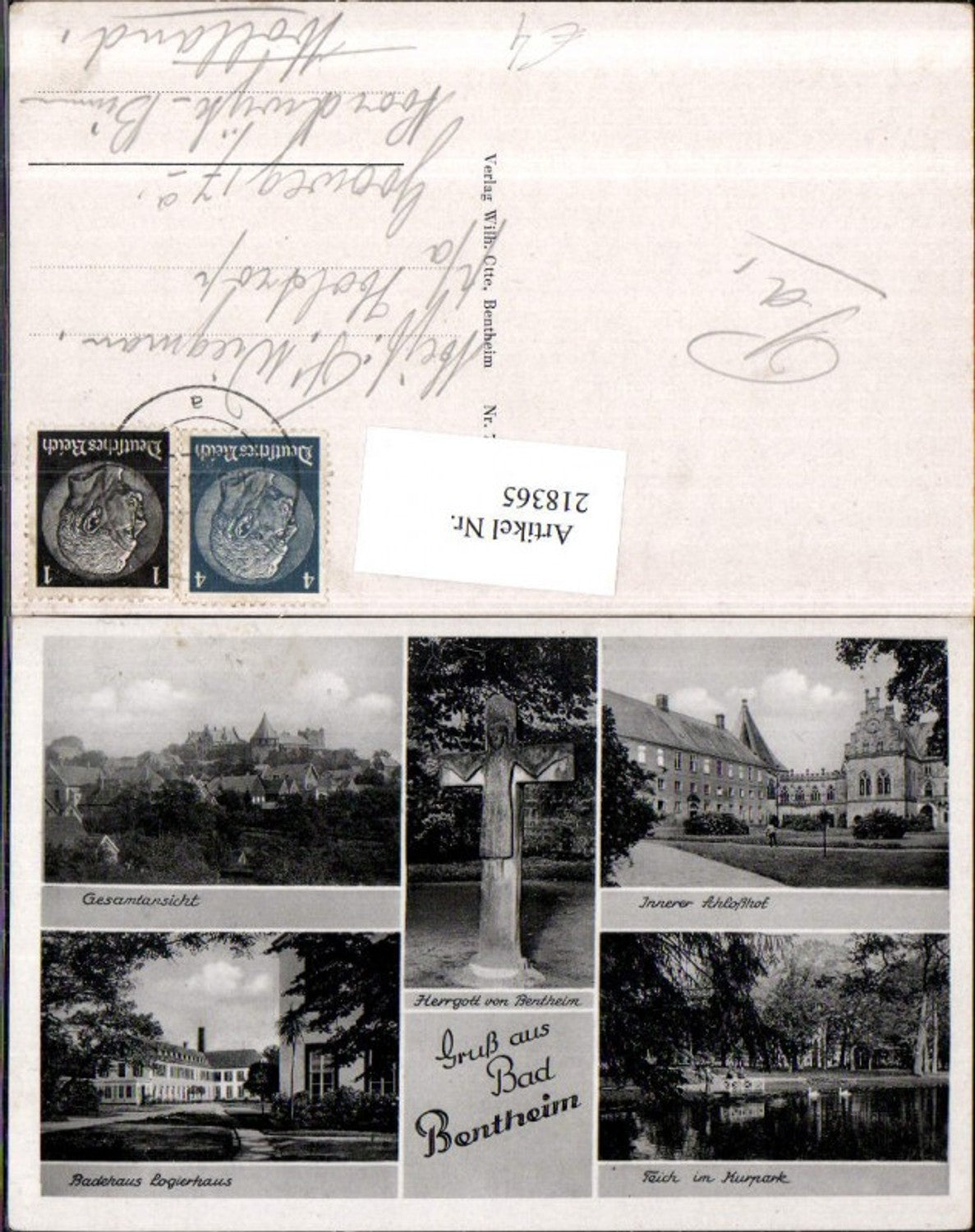 218365,Gruß aus Bad Bentheim Totale Badehaus Logierhaus Teich im Kurpark Schlosshof Herrgott v. Bentheim Mehrbildk.