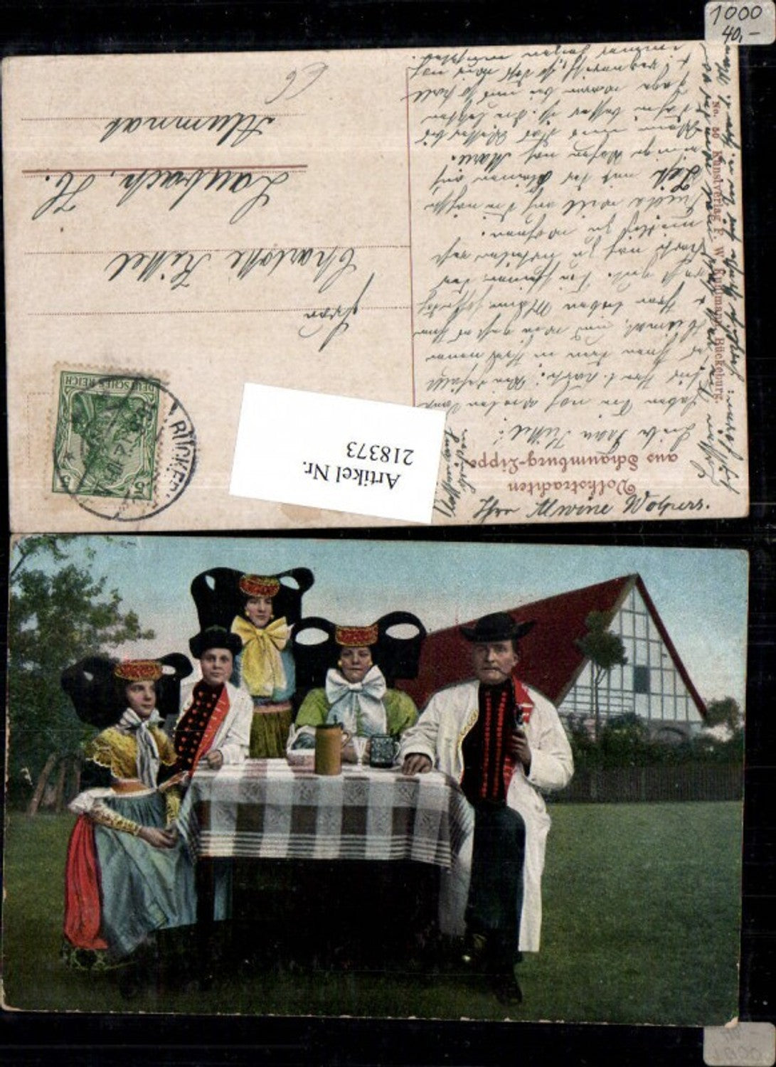 218373,Schaumburg-Lippe Volkstrachten Tracht Frauen in Tracht Mann m. Pfeife