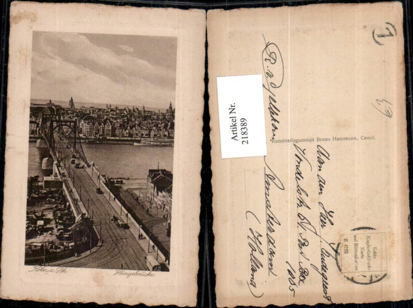 218389,Präge AK Köln a. Rhein Teilansicht Hängebrücke Brücke