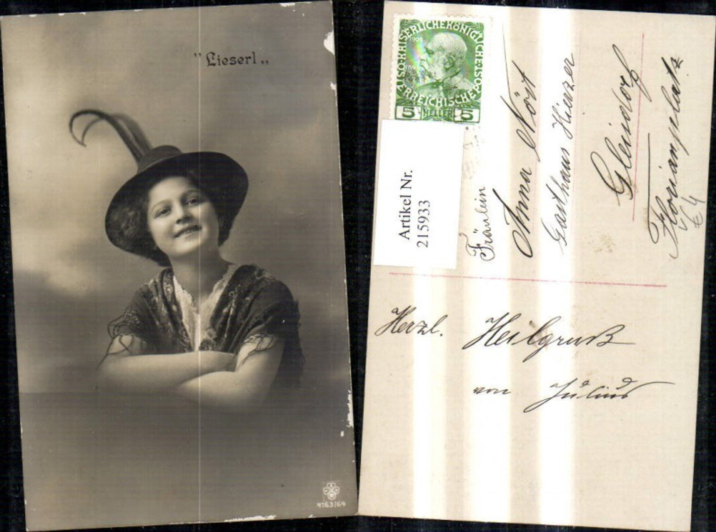 215933,Frau Mädchen Portrait Lieserl Federhut Hut Tracht Schultertuch pub RPH SBW 4163/64