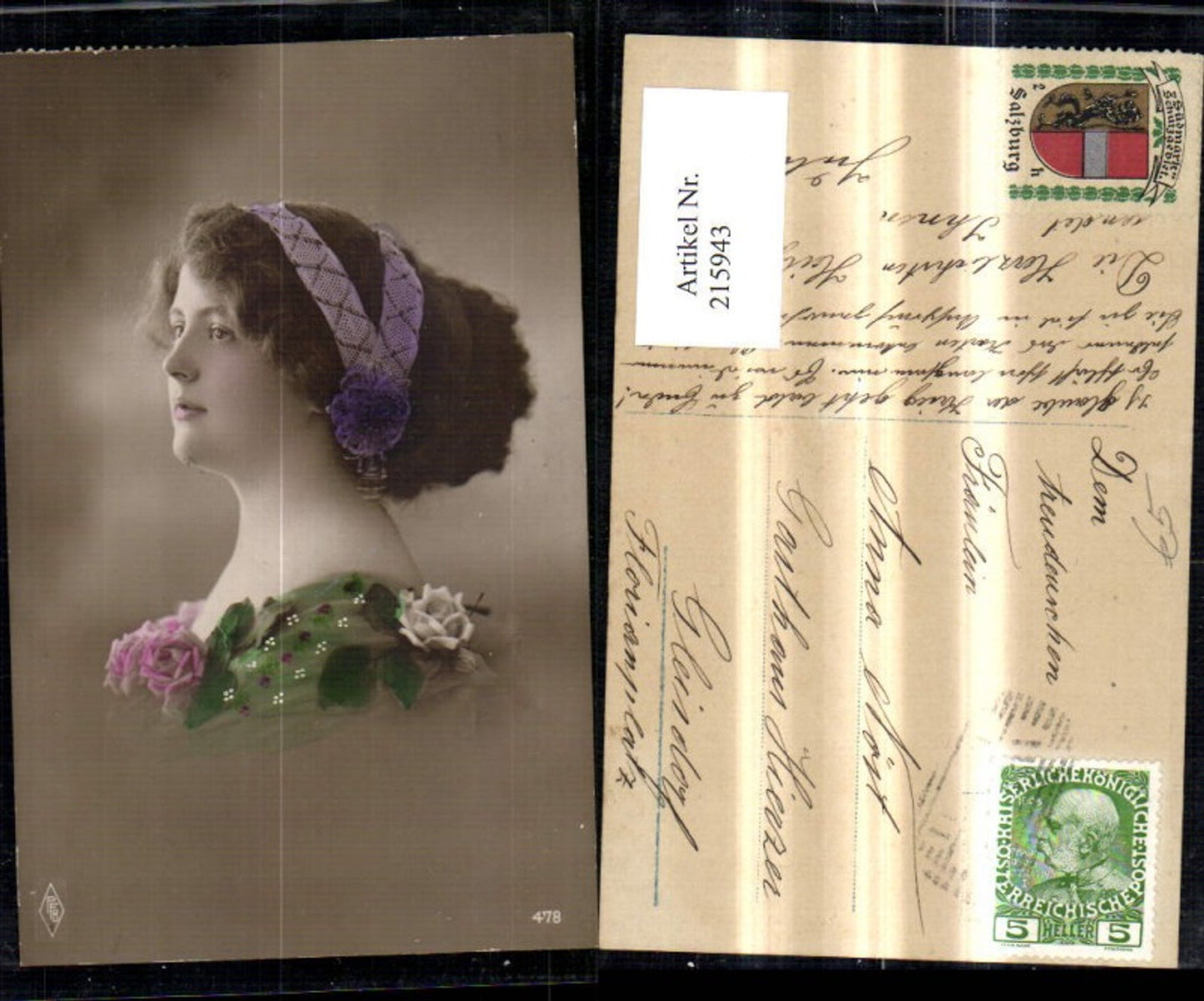 215943,Frau Portrait Haarband Haarschmuck Rosen Blumen a. Kleid