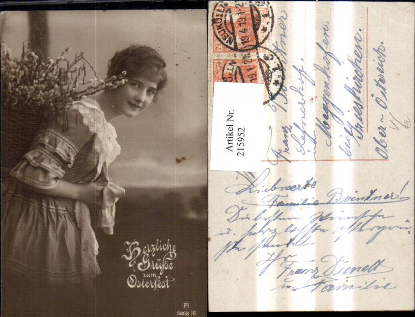 215952,Frau m. Korb Palmkätzchen a. Rücken Gruß z. Osterfest pub RPH 5868/6