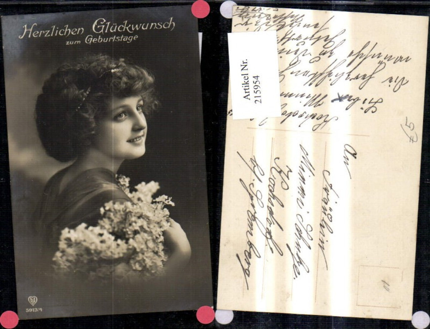 215954, Woman portrait with pearl necklace in hair, hair accessory, lilac bouquet on arm, congratulations, birthday