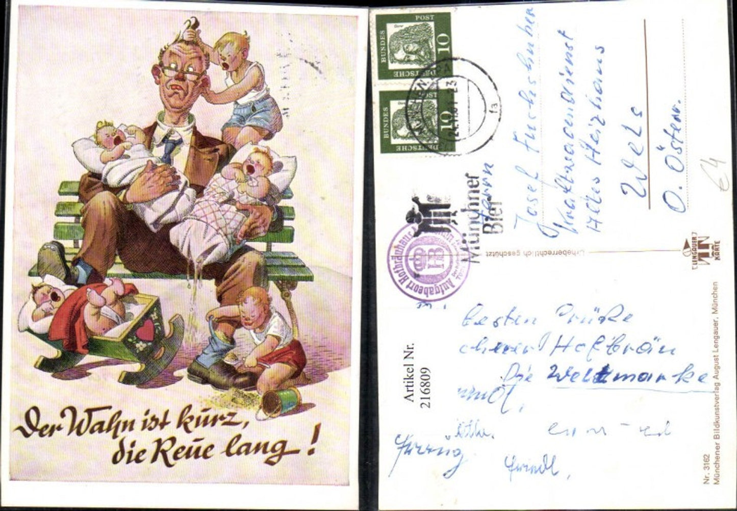 216809,Künstler Ak Mann sitzt a. Bank Säuglinge Kinder spielen Streiche Spruch Scherz Humor