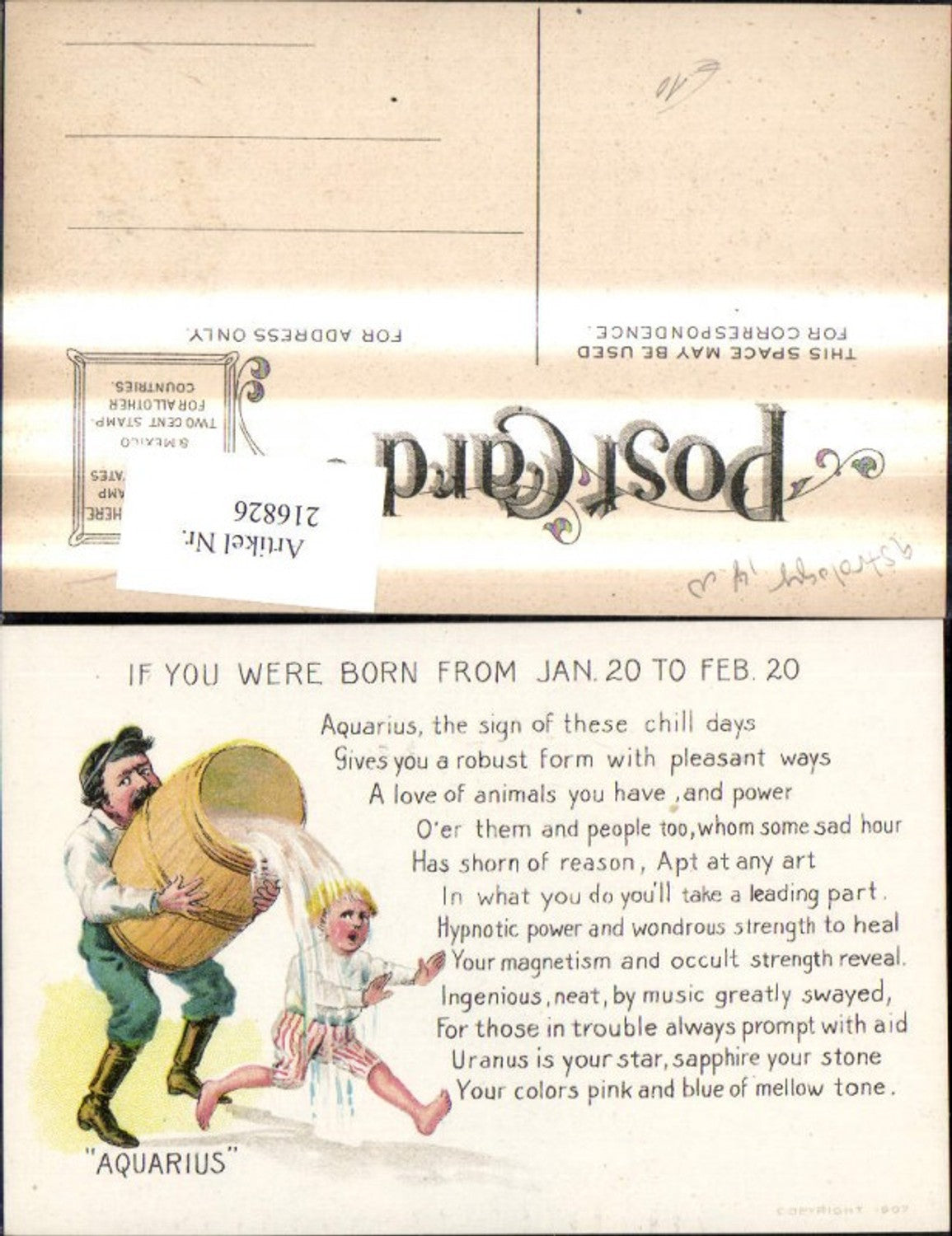 216826,Künstler Ak Aquarius Mann übergießt Jungen If you were born from Jan. 20 to Feb. 20 Sternzeichen Scherz Humor