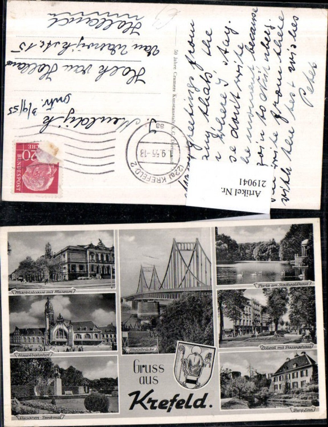 219041,Gruß aus Krefeld Rheinbrücke Hauptbahnhof Husaren-Denkmal Burg Linn Marktstraße m. Museum Mehrbildkarte