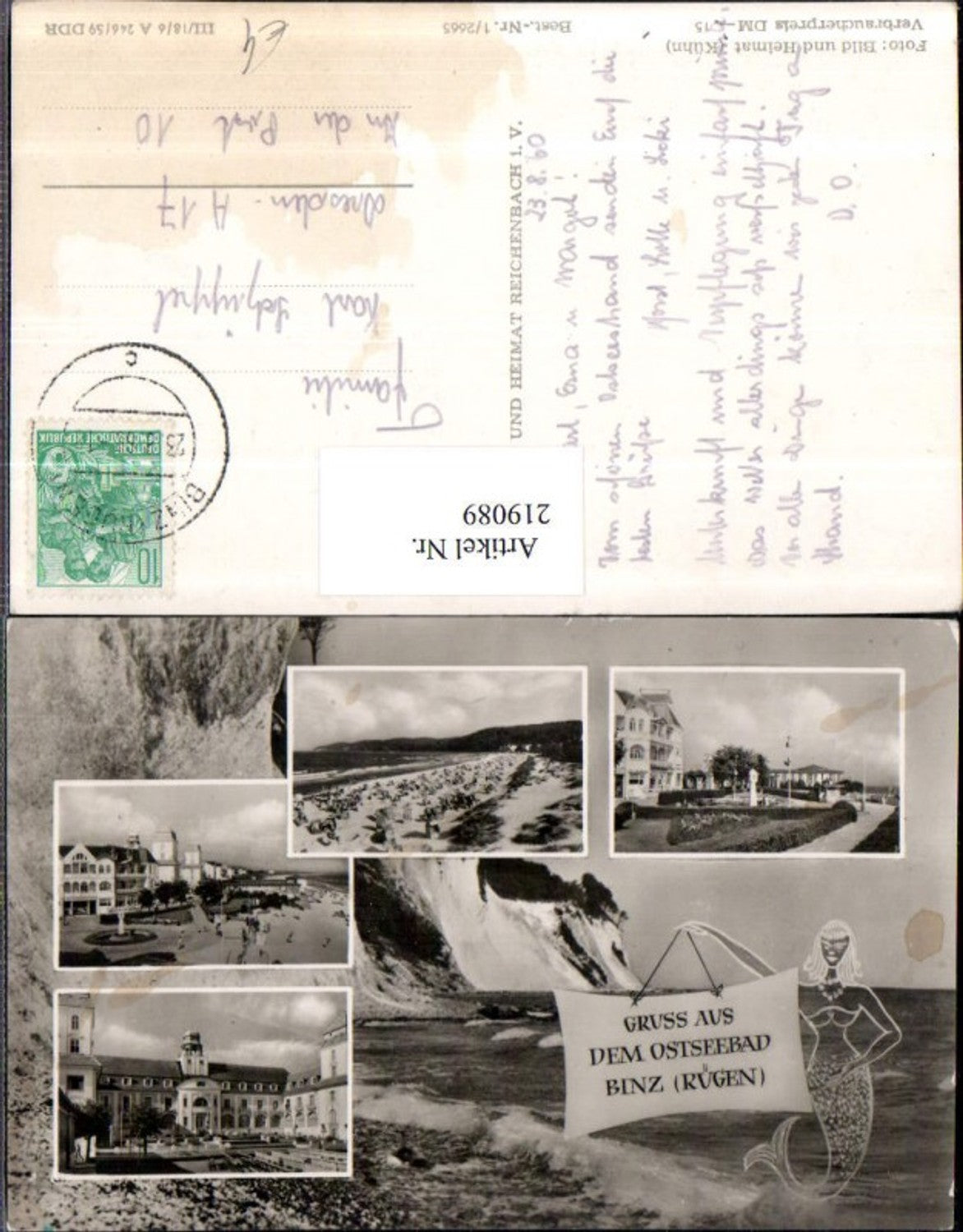 219089,Gruß aus d. Ostseebad Binz Rügen Strand Promenade Meerjungfrau Mehrbildkarte