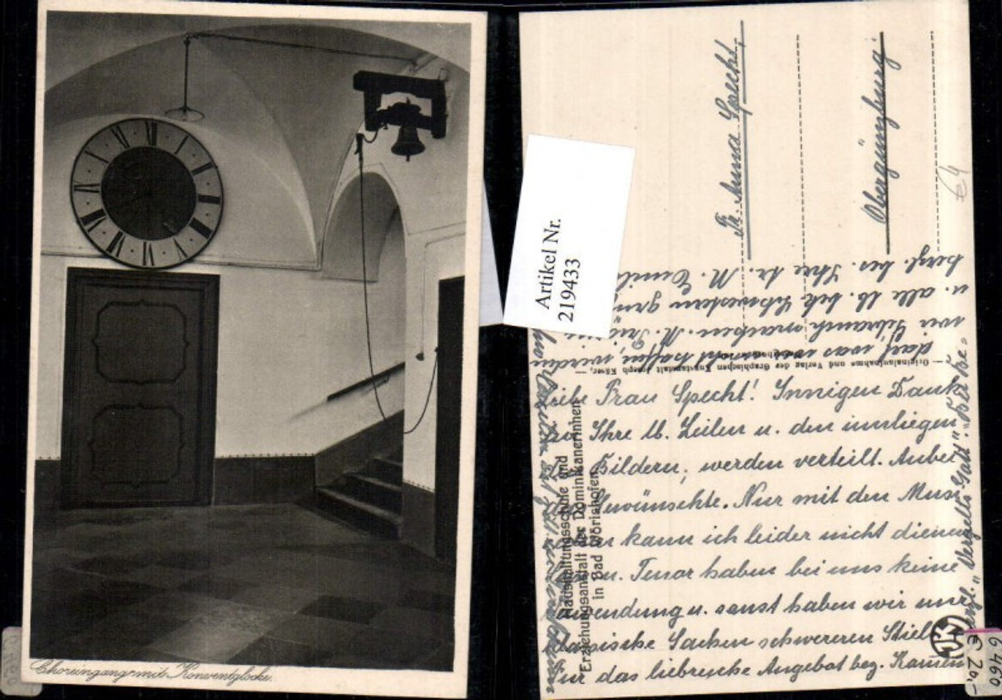 219433,Haushaltungsschule u. Erziehungsanstalt d. Dominikanerinnen in Bad Wörishofen Choreingang m. Konventglocke