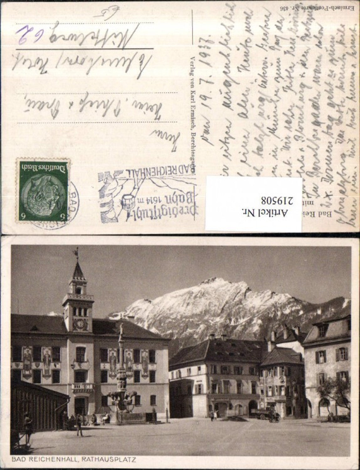 219508,Bad Reichenhall Rathausplatz Platz Brunnen Säule m. d. Hochstaufen