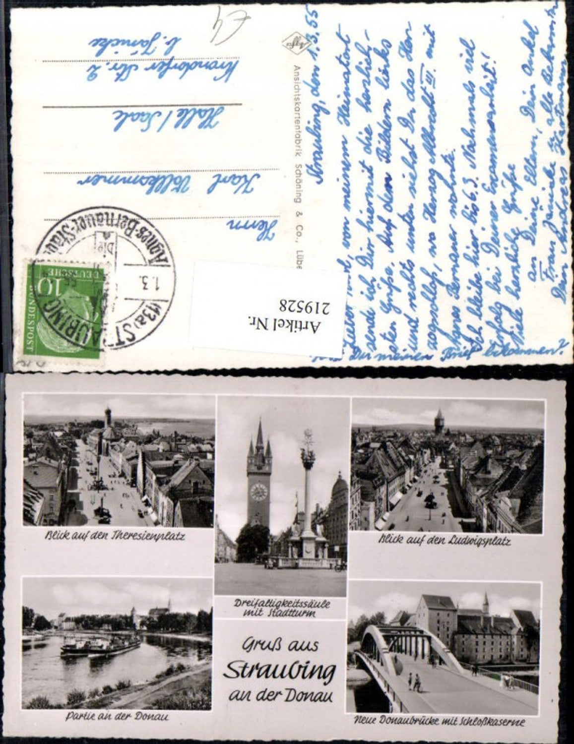 219528,Gruß aus Straubing a. d. Donau Totale Dreifaltigkeitssäule Stadtturm Donaubrücke Theresienplatz Ludwigsplatz