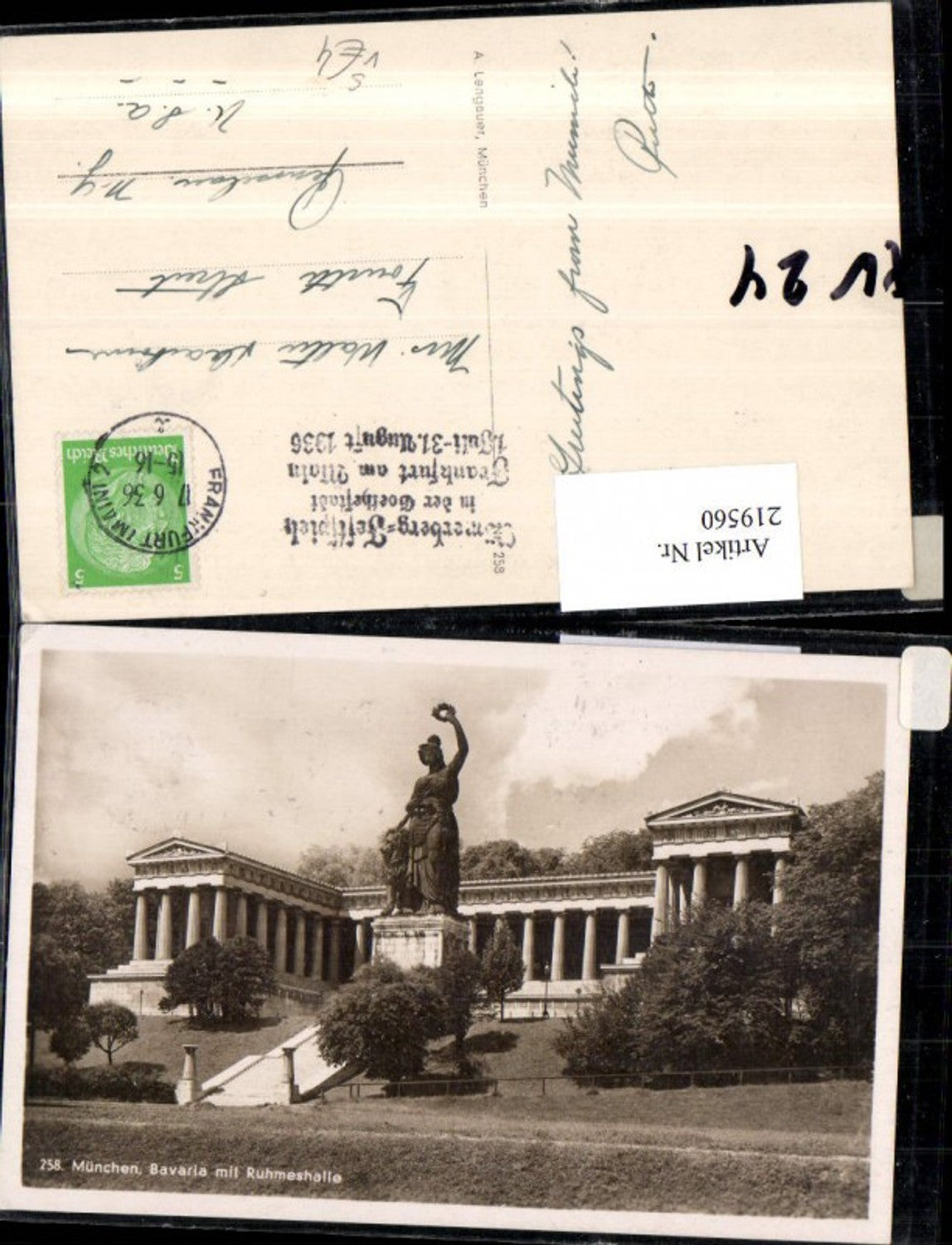 219560,München Bavaria m. Ruhmeshalle Römerberg-Festspiele i. d. Goethestadt Frankfurt a. Main 1936 pub A. Lengauer