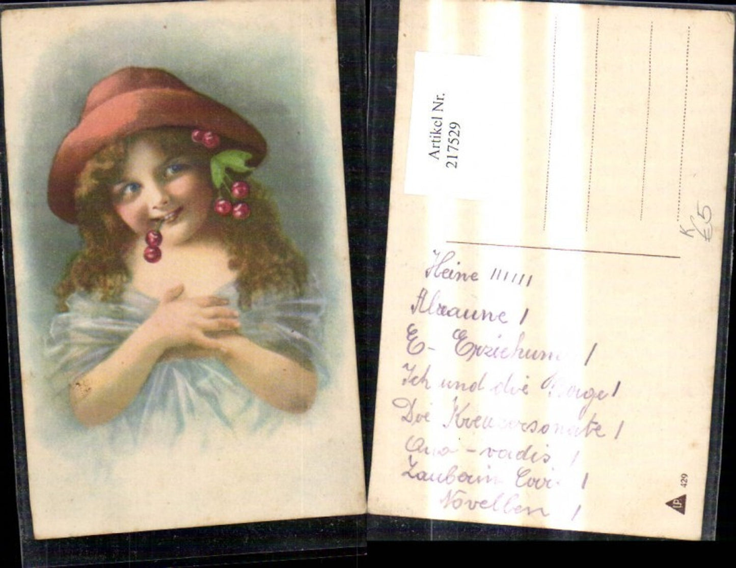 217529,Kinder Künstler Ak Mädchen m. Hut Kirsche i. Mund u. Haar