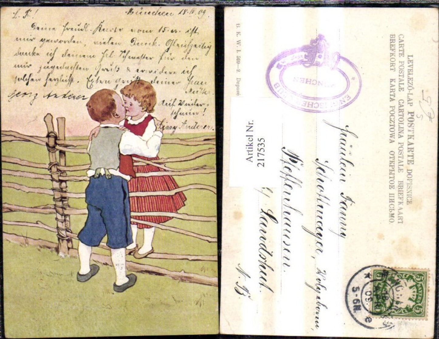 217535,Kinder Künstler Ak Küssende Kinder über Zaun Tracht Stempel Englischer Club München