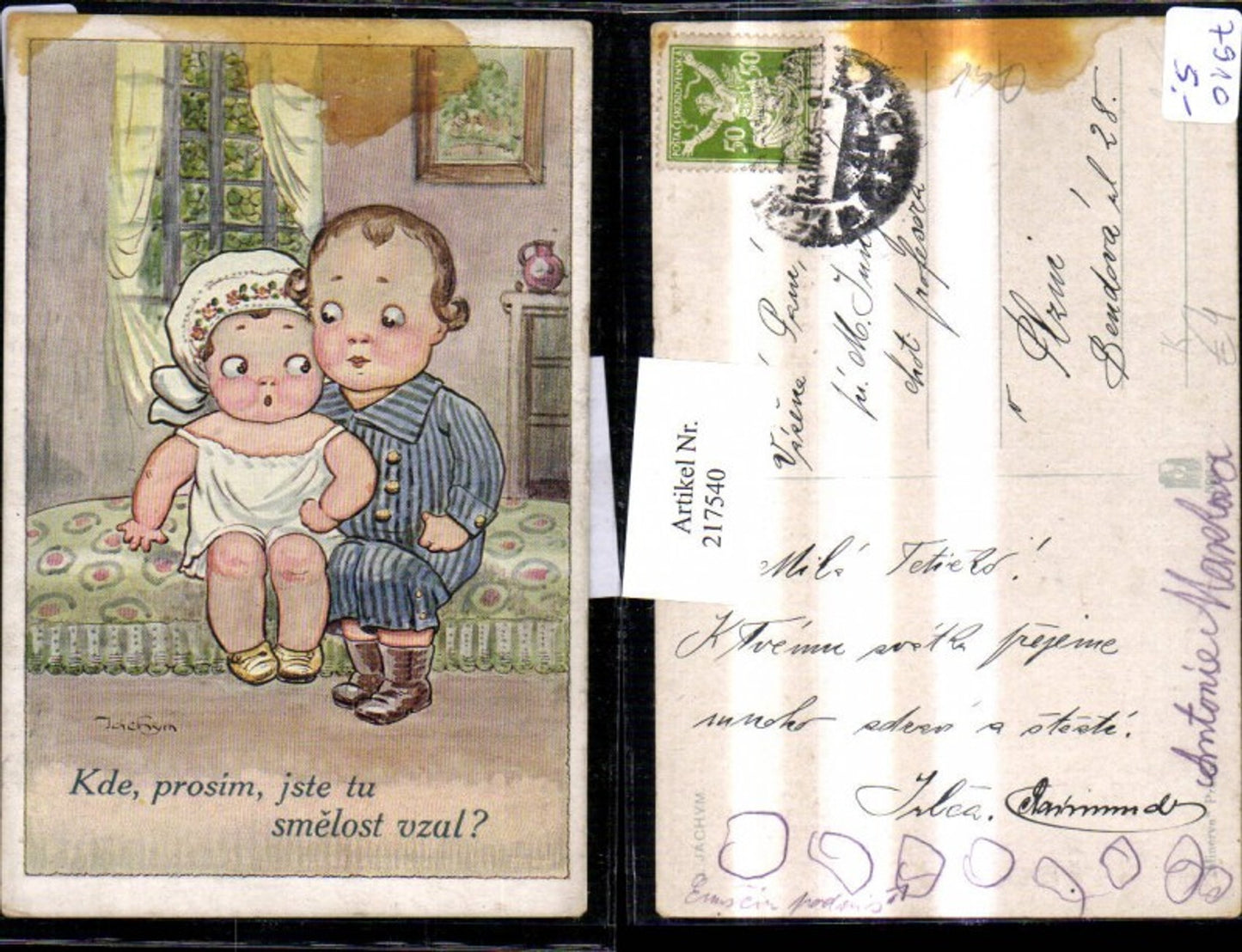217540,Kinder Künstler Ak Jachym Minerva Praha Prag Kinder Schlafanzug sitzen a. Bett Kde prosim jste tu smelost vzal
