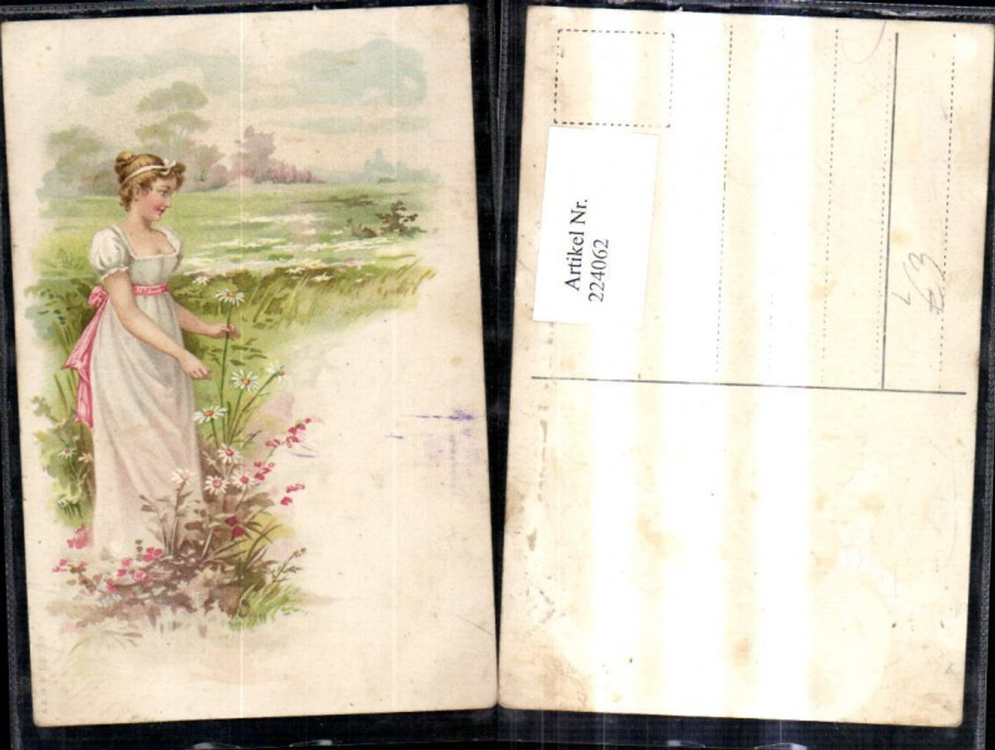 224062,Künstler Litho Frau Kleid a. Blumenwiese Landschaft
