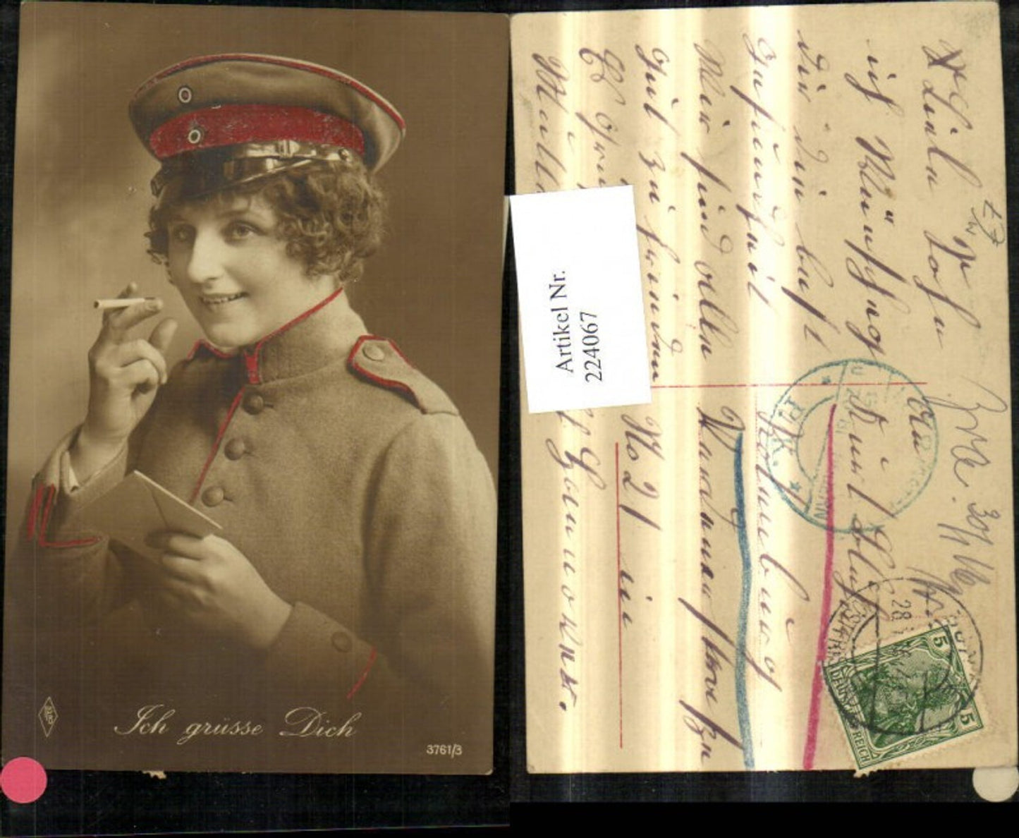 224067, Woman in uniform, cap, letter, cigarette, mail. Greetings.