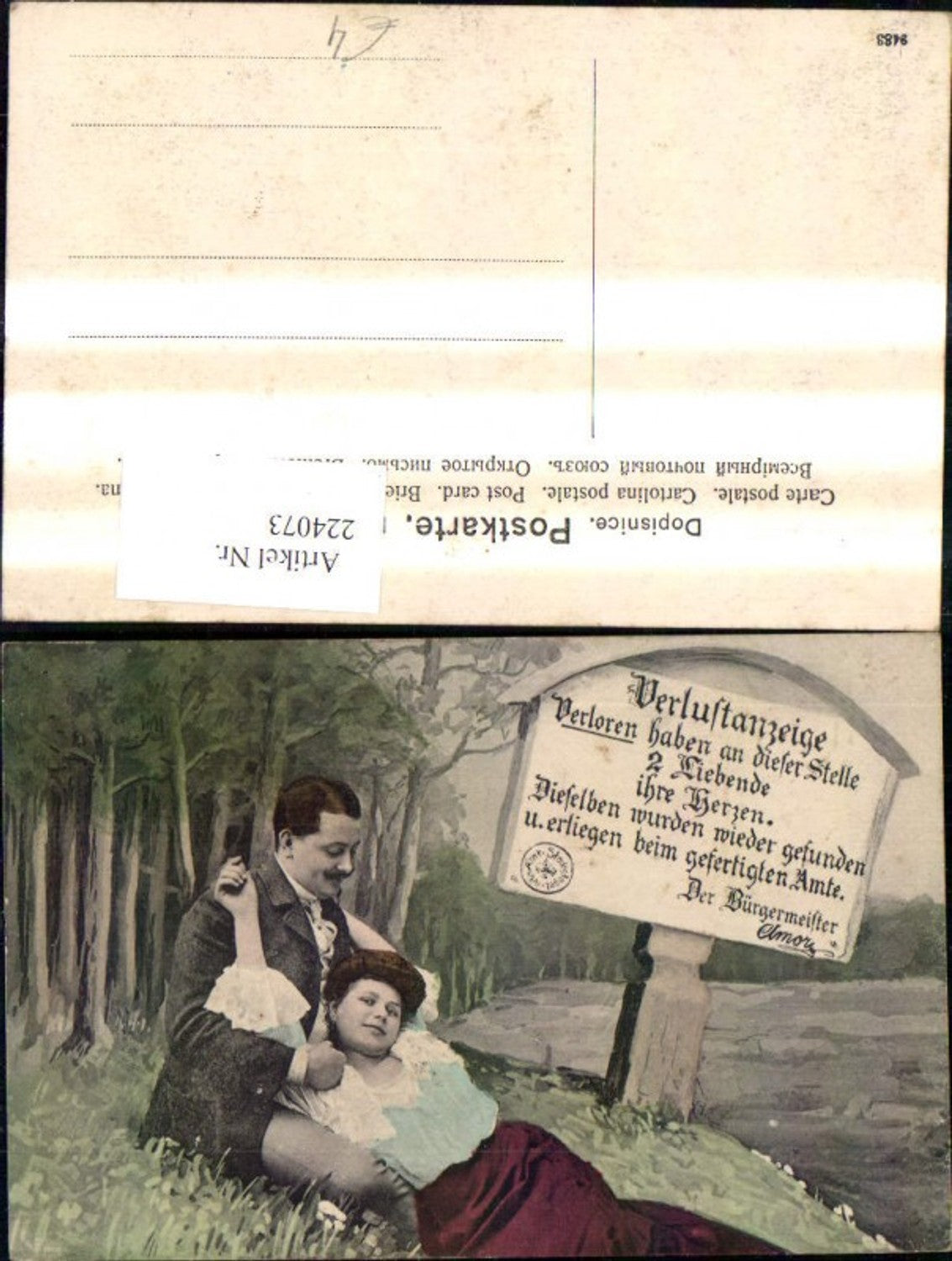 224073,Künstler Ak Liebe Liebespaar Schild Verlustanzeige Spruch Text