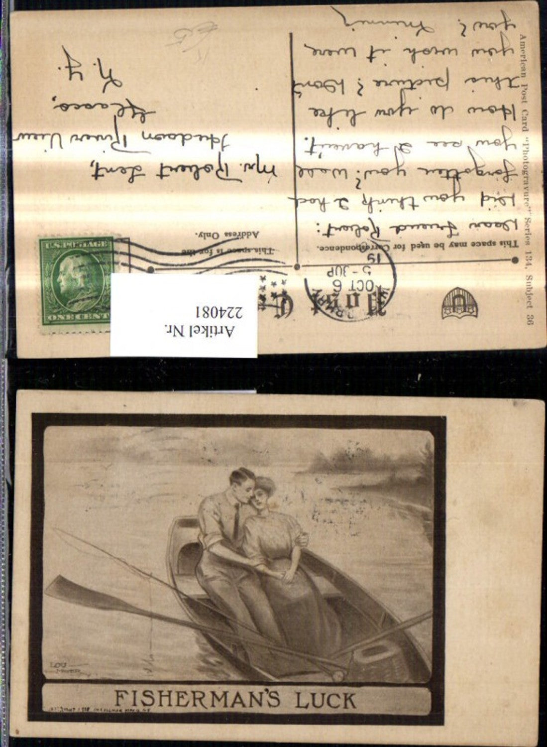 224081,Künstler Ak Lou Mayer Liebe Liebespaar Fisherans Luck Ruderboot Boot