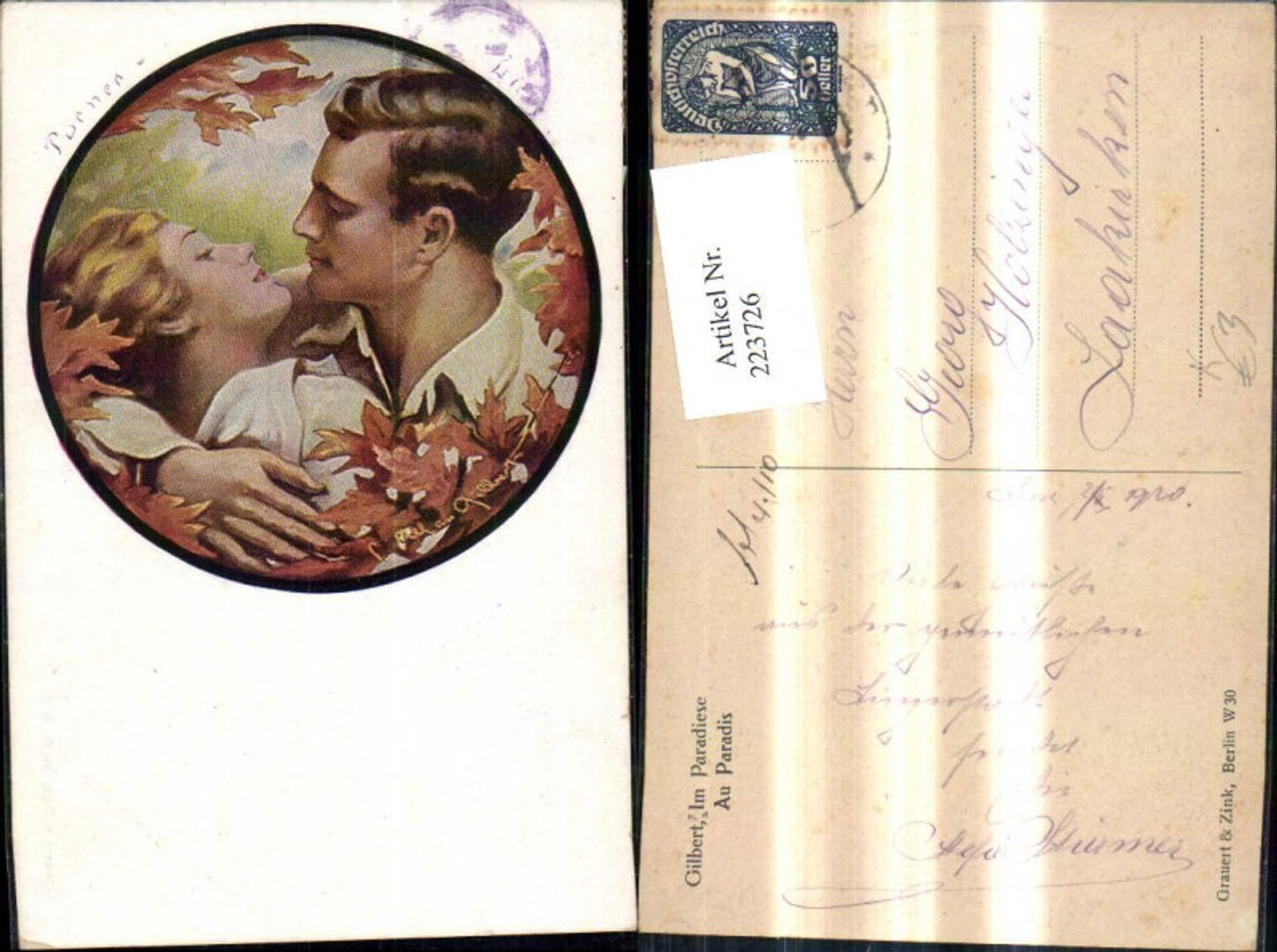 223726,Künstler Ak Gilbert Im Paradiese Liebe Liebespaar Umarmung Passepartout