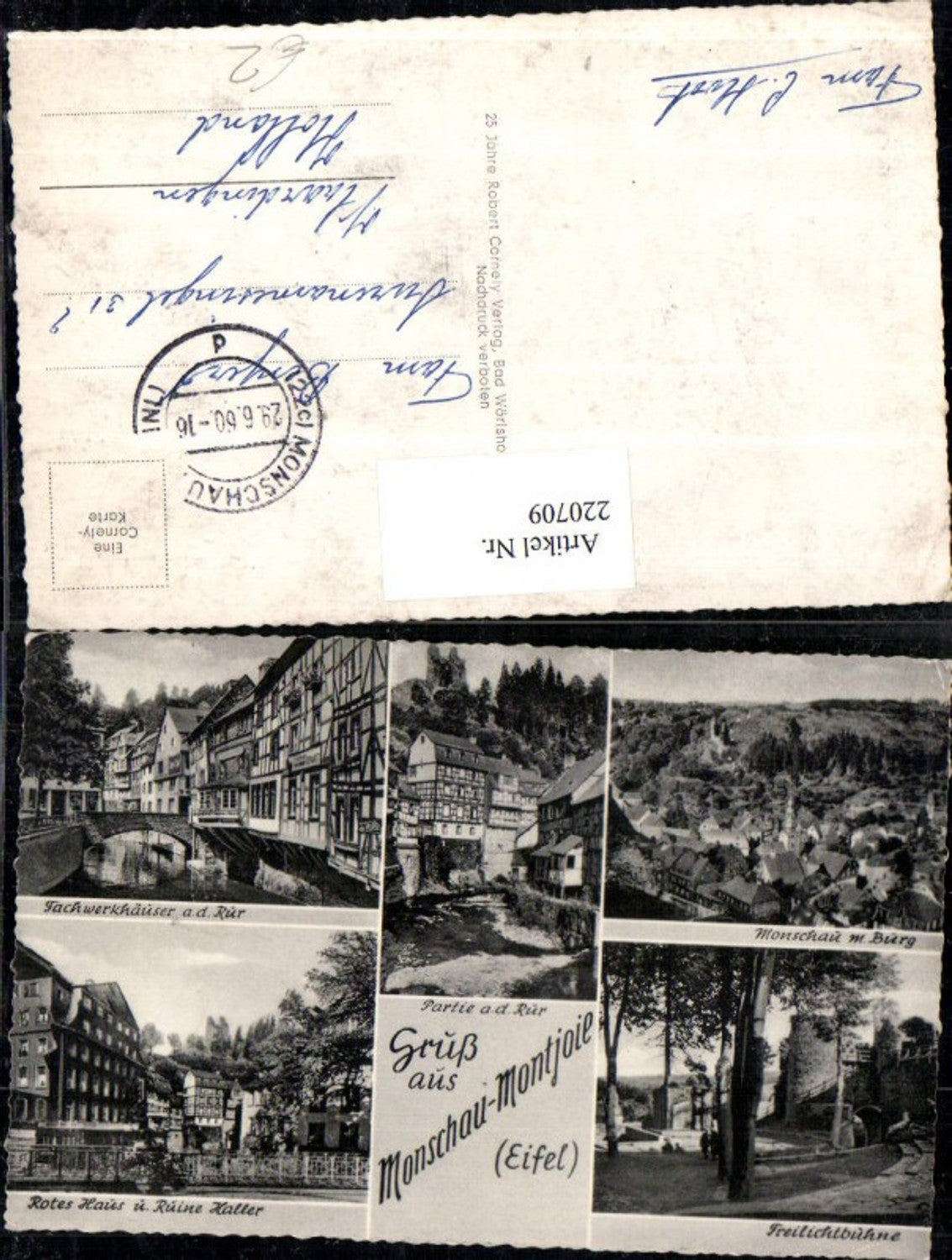 220709,Gruß aus Monschau Eifel Totale m. Burg Freilichtbühne Rotes Haus u. Ruine Haller Fachwerkhäuser Mehrbildkarte