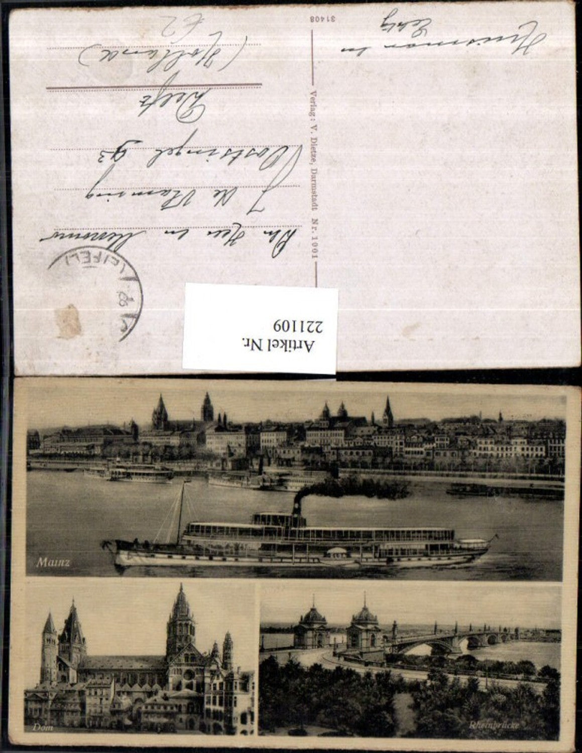221109,Mainz Teilansicht Dom Rheinbrücke Brücke Dampfer Mehrbildkarte