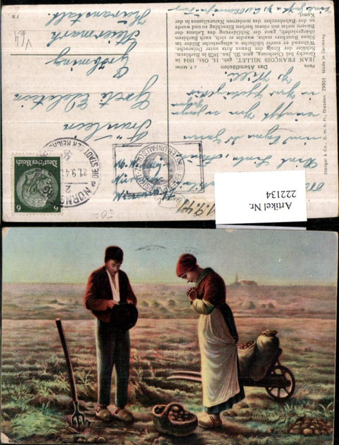 222134,Stengel & Co 29901 Künstler J. F. Millet Das Abendäuten Bauern b. Gebet Feld