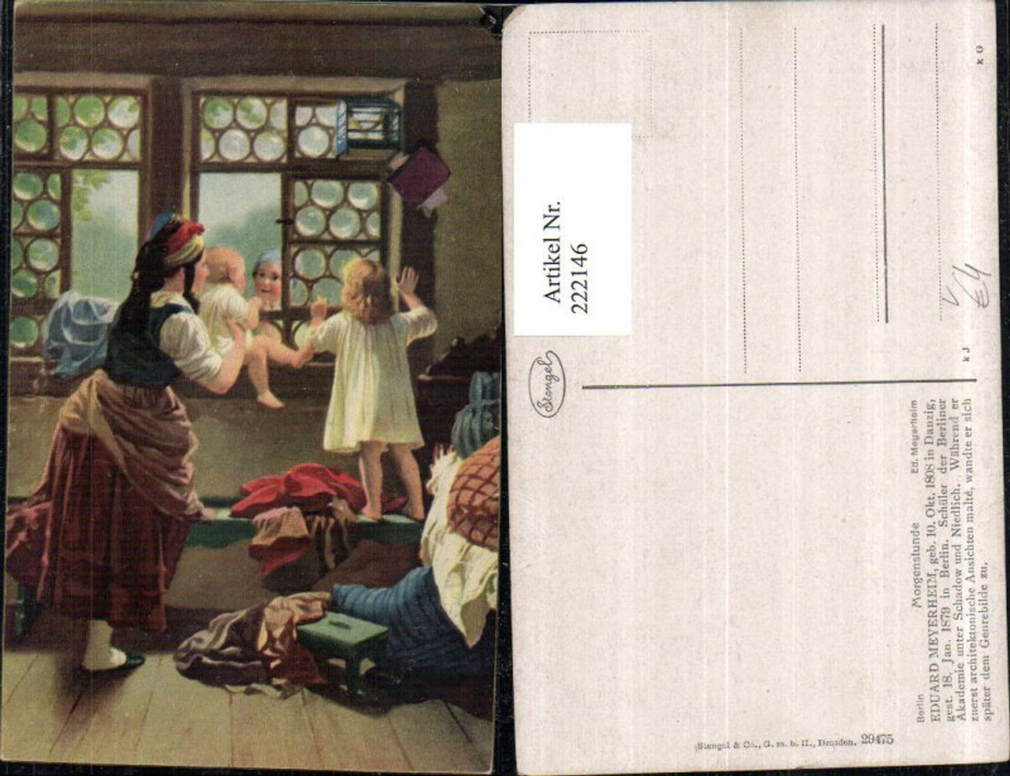 222146,Stengel & Co 29475 Künstler Eduard Meyerheim Morgenstunde Frau m. Kinder Fenster