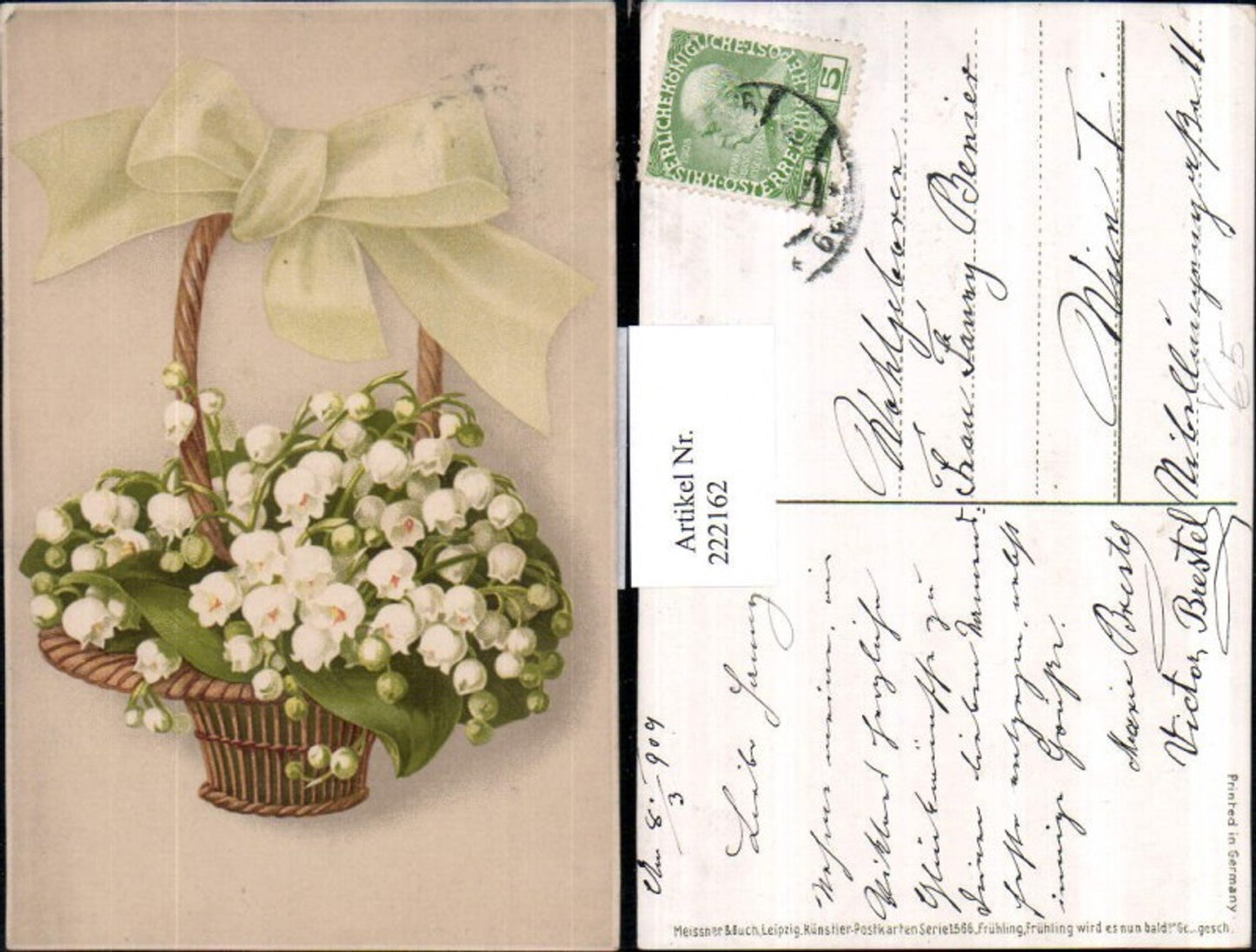 222162,Künstler AK Meissner & Buch 1566 Korb Märzenbecher Blumen Schleife