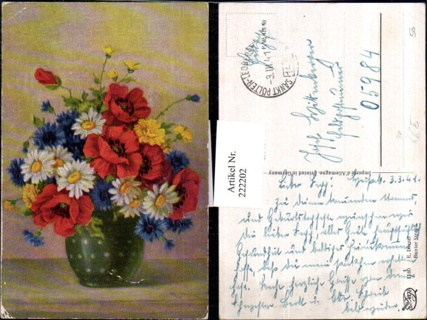 222202,Degi AK 1180 Künstler E. Diezel Bunter Strauß Vase Mohnblumen Kornblumen Blumen Bahnpost Zug 145