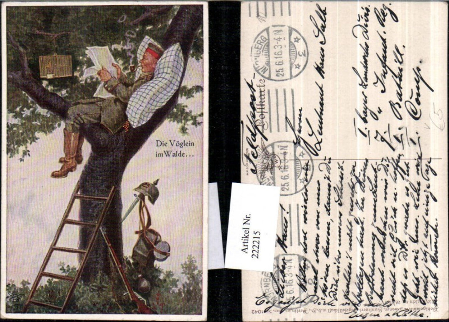 222215,Primus AK 1042 Die Vöglein im Walde Soldat m. Pfeife Baum Polster Zeitung Pickelhaube Gewehr Schwert