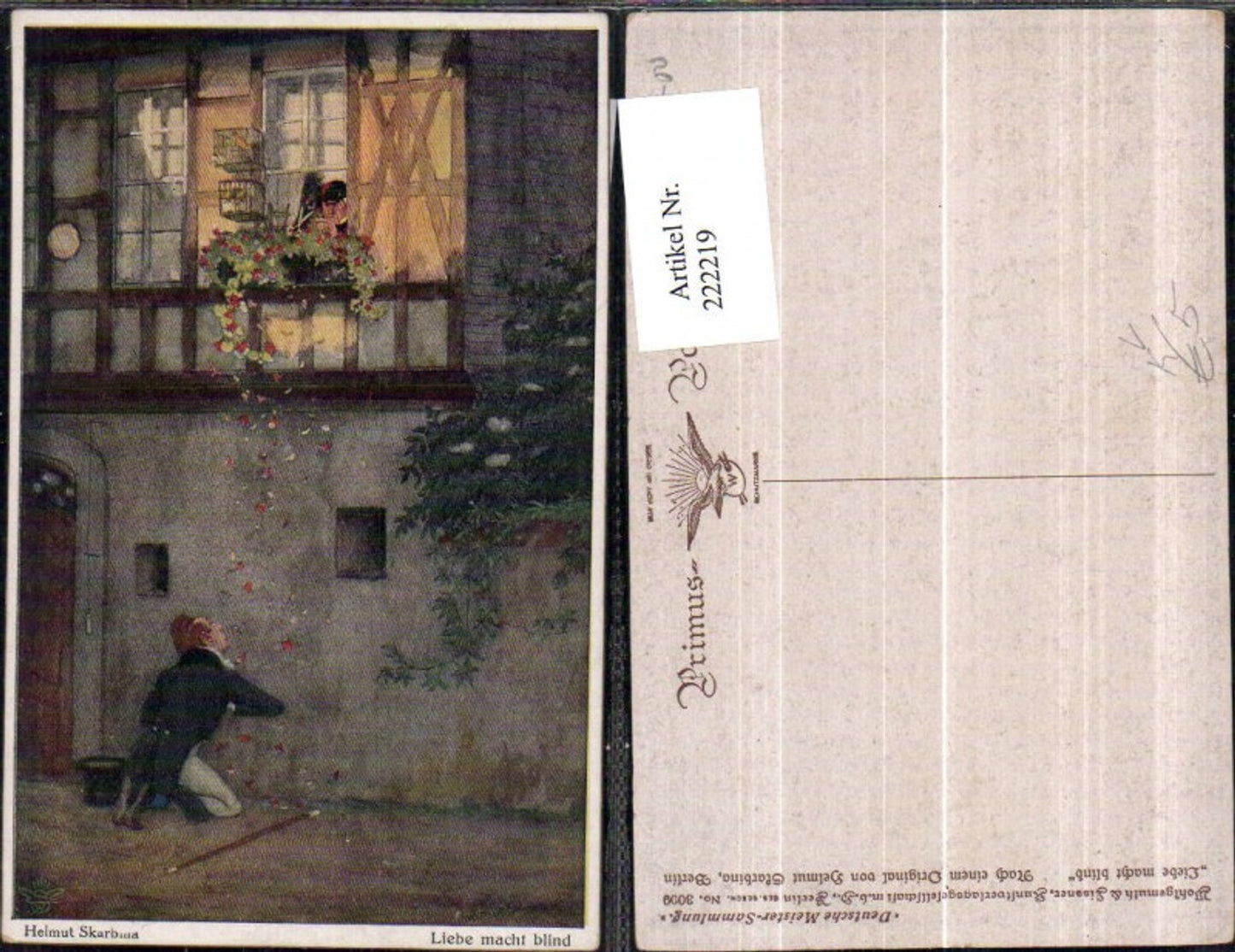 222219,Primus AK 3009 Künstler Helmut Skarbina Liebe macht blind Mann kniet vor Haus Fenster Vogelkäfig