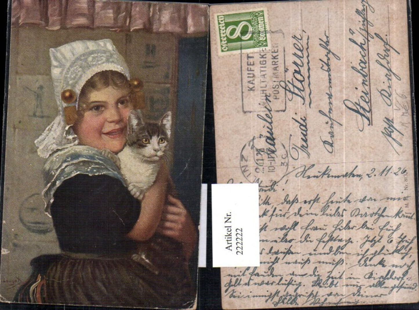 222222,Theo Stroefer Verlag 813 Künstler Edmund Lauyot Freundschaft Mädchen m. Haube Katze im Arm