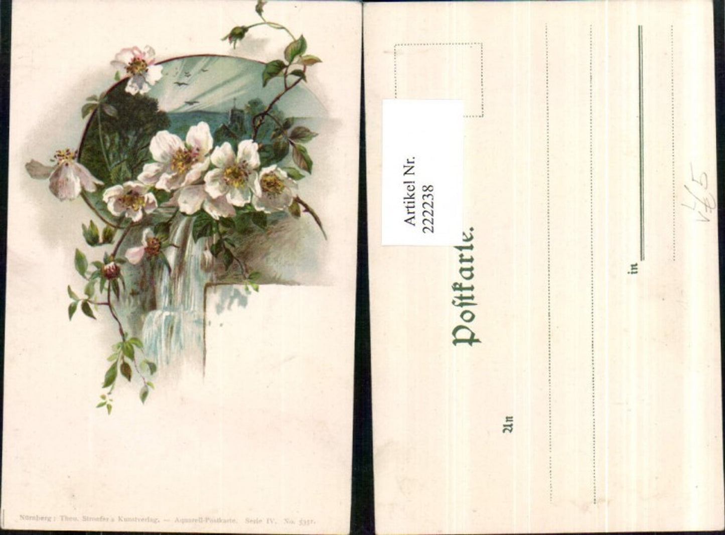 222238,Theo Stroefer Verlag 4/5351 Litho AK Rosen Blüten Landschaft Wasserfall