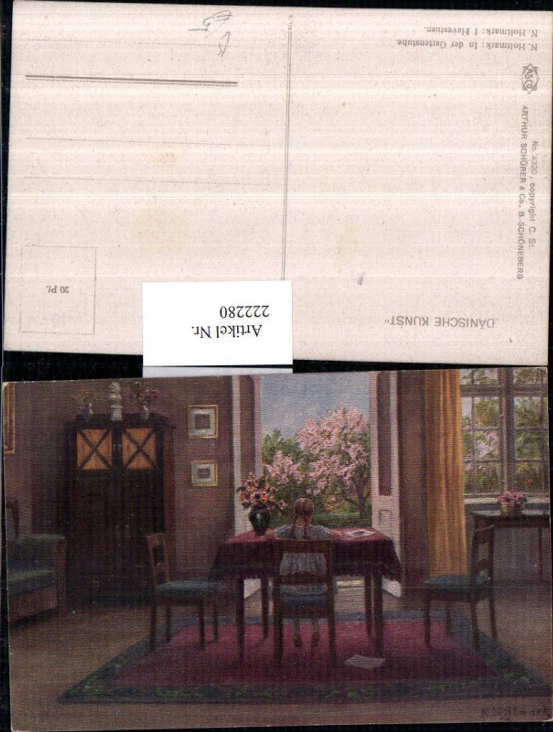 222280,Asco AK 4320 Künstler N. Holtmark In der Gartenstube Mädchen Tisch Sessel