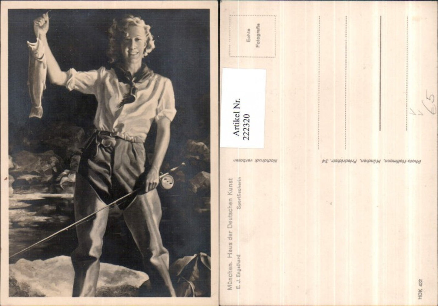 222320,Haus der Deutschen Kunst HDK 422 Künstler E. J. Engelhard Sportfischerin Frau Angel Fisch