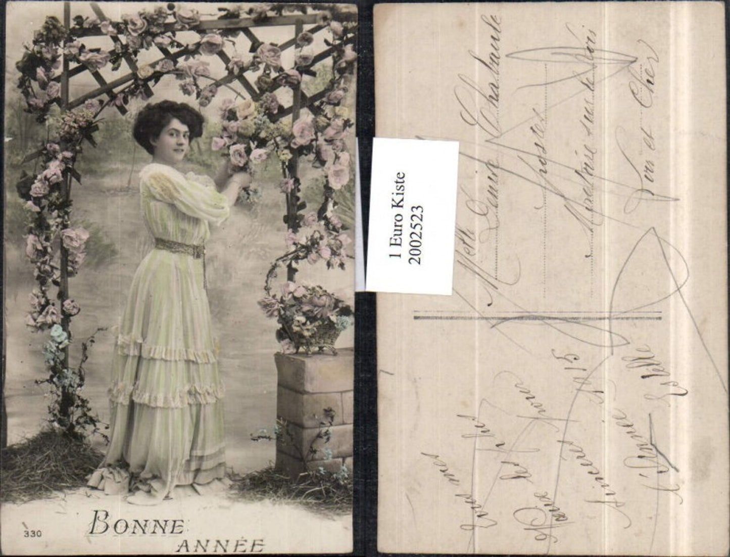 2002523,Neujahr Bonne Annee Frau m. Kleid Rosen Blumen