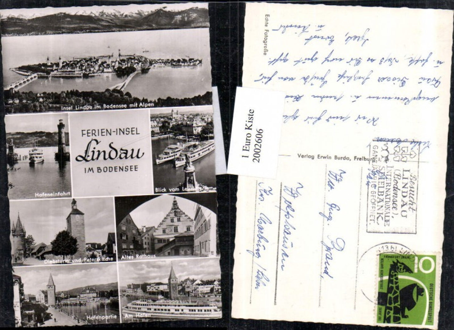 2002606, Lindau on Lake Constance, overall view of the harbor entrance, Thieves' Tower, St. Peter's Church, town hall, harbor, ship, multi-view postcard