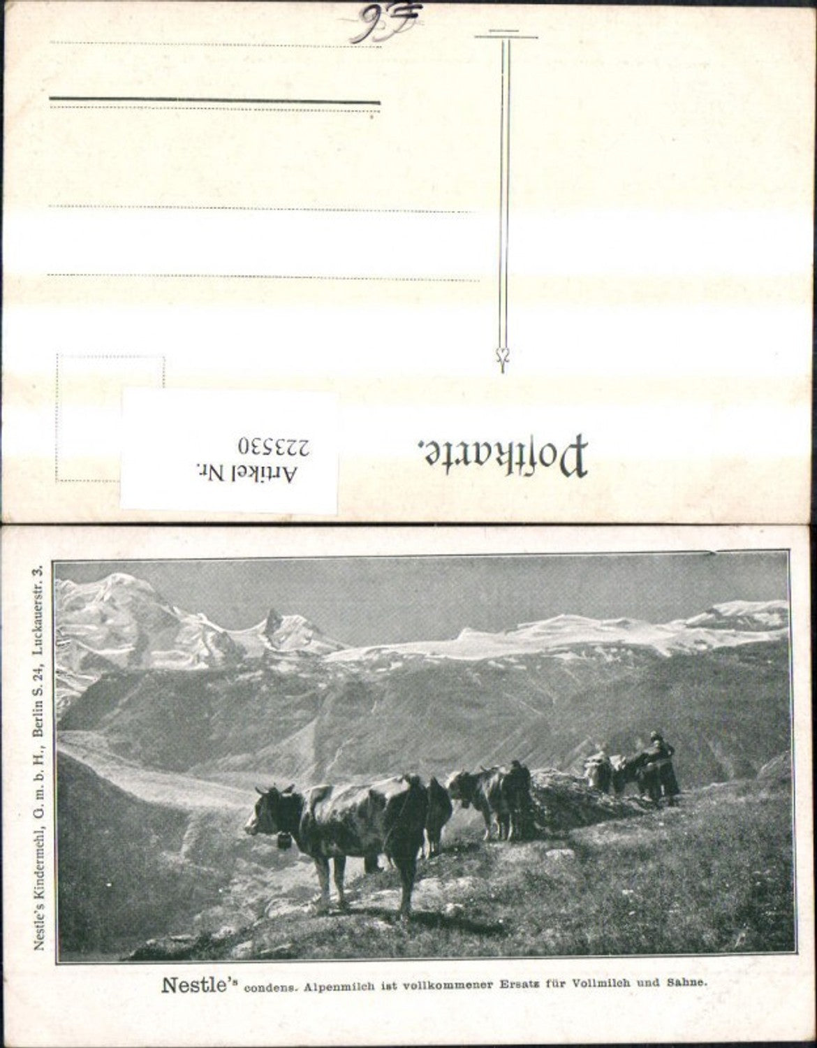 223530,Reklame Ak Nestle condens. Alpenmilch i. vollkommener Ersatz f. Vollmilch u. Sahne Kühe v. Bergkulisse