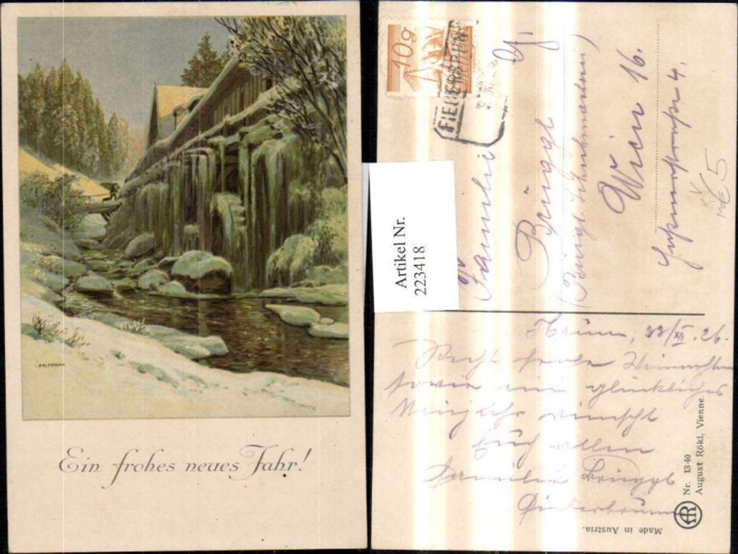 223418, Artist Ak Fr. Frank Watermill Mill Wheel Happy New Year pub August Rökl 1340