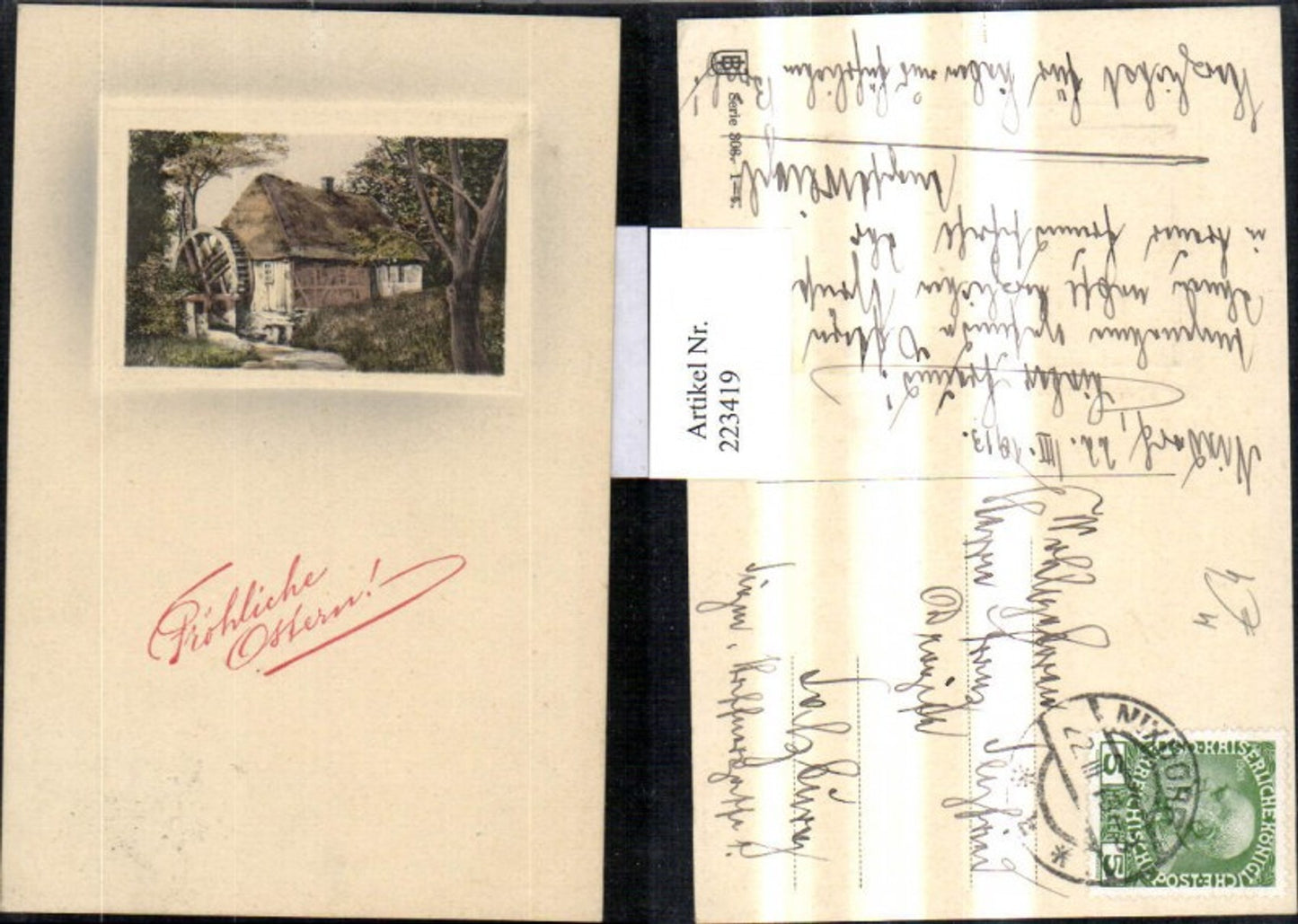 223419, Artist Ak Watermill Mill Wheel Happy Easter Embosser Passepartout