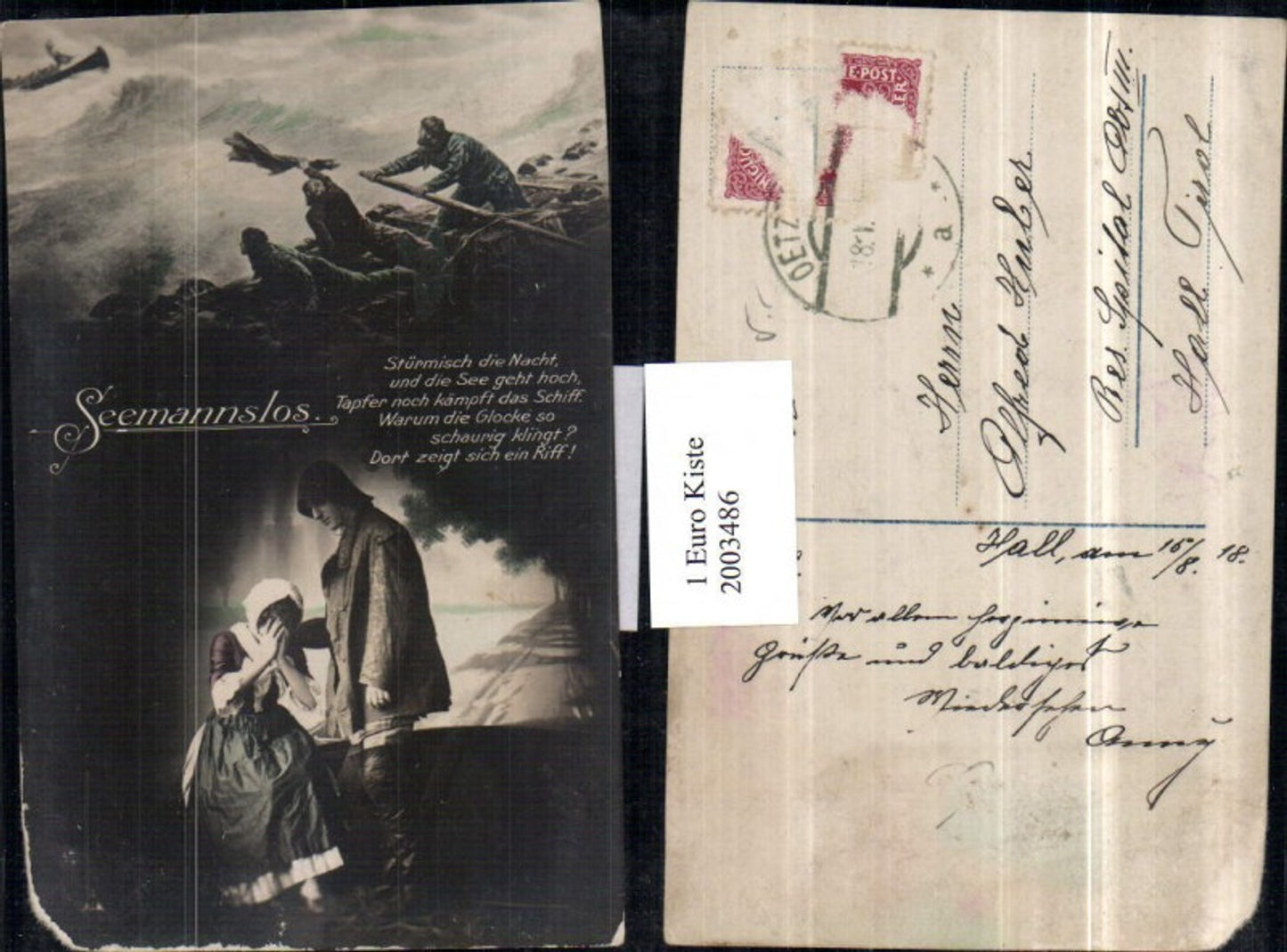 2003486,Seemannslos Frau weint Männer Ruderboot Sturm Wellen Mehrbildkarte