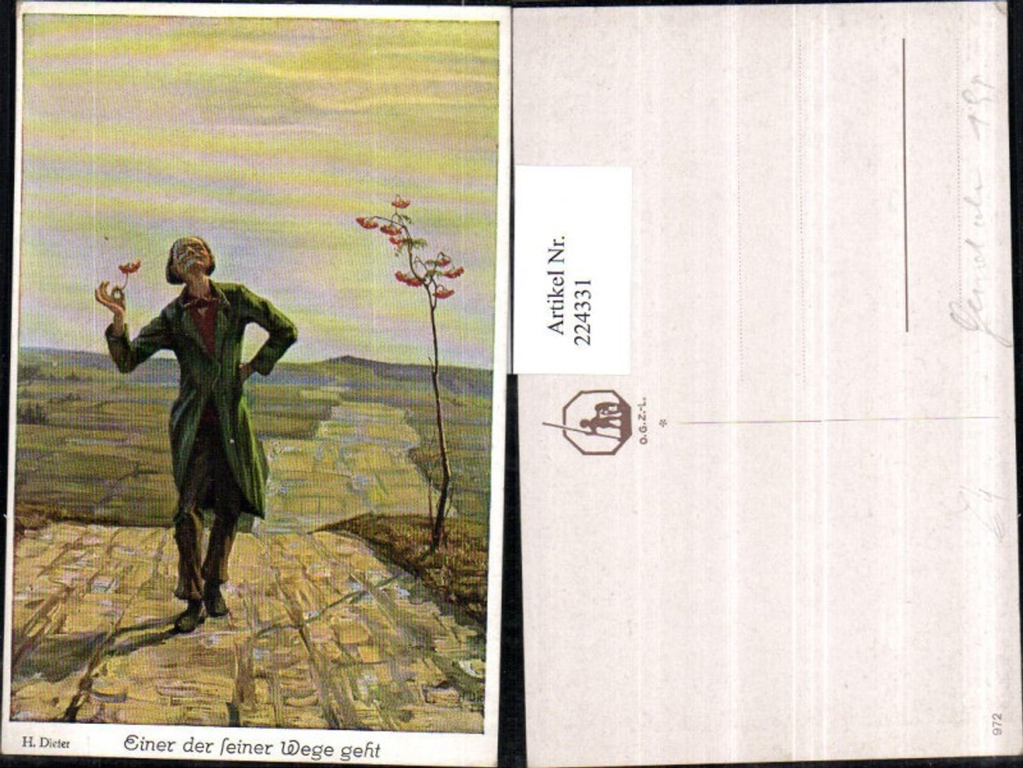 224331,Künstler AK H. Dieter Einer der seiner Wege geht Mann m. Mantel Blume