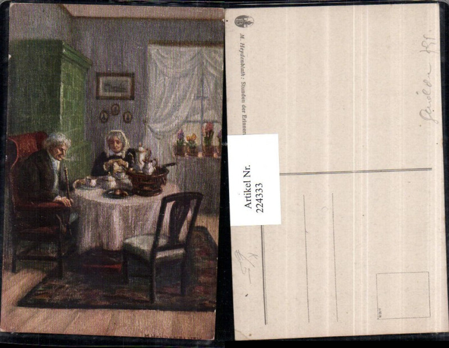 224333,Künstler AK M. Heydenbluth Stunden d. Erinnerung alte Frau u. Mann Pfeife Tisch Kachelofen