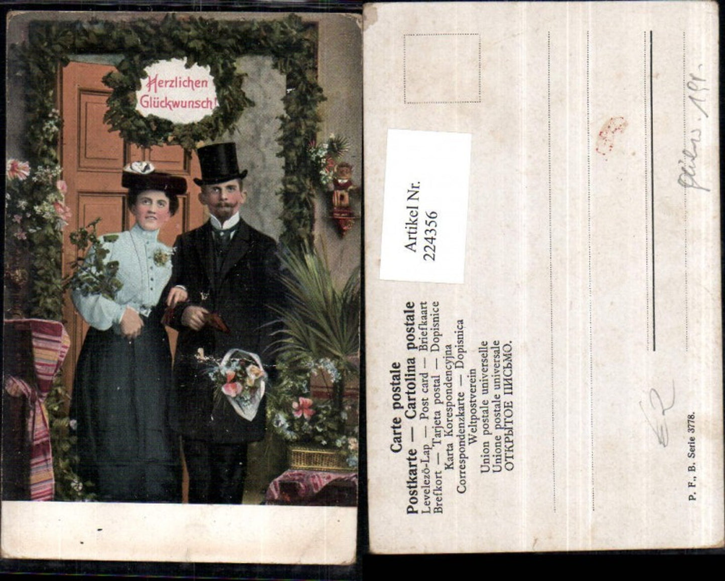 224356,Künstler AK Mann u. Frau Zylinder Blumenstrauß Blumen