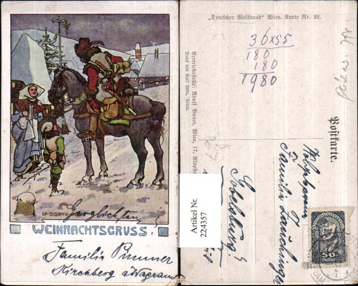 224357,Künstler AK Adolf Bauer Weihnachtsgruß Mann a. Pferd Kind pub Deutscher Weltbund 22