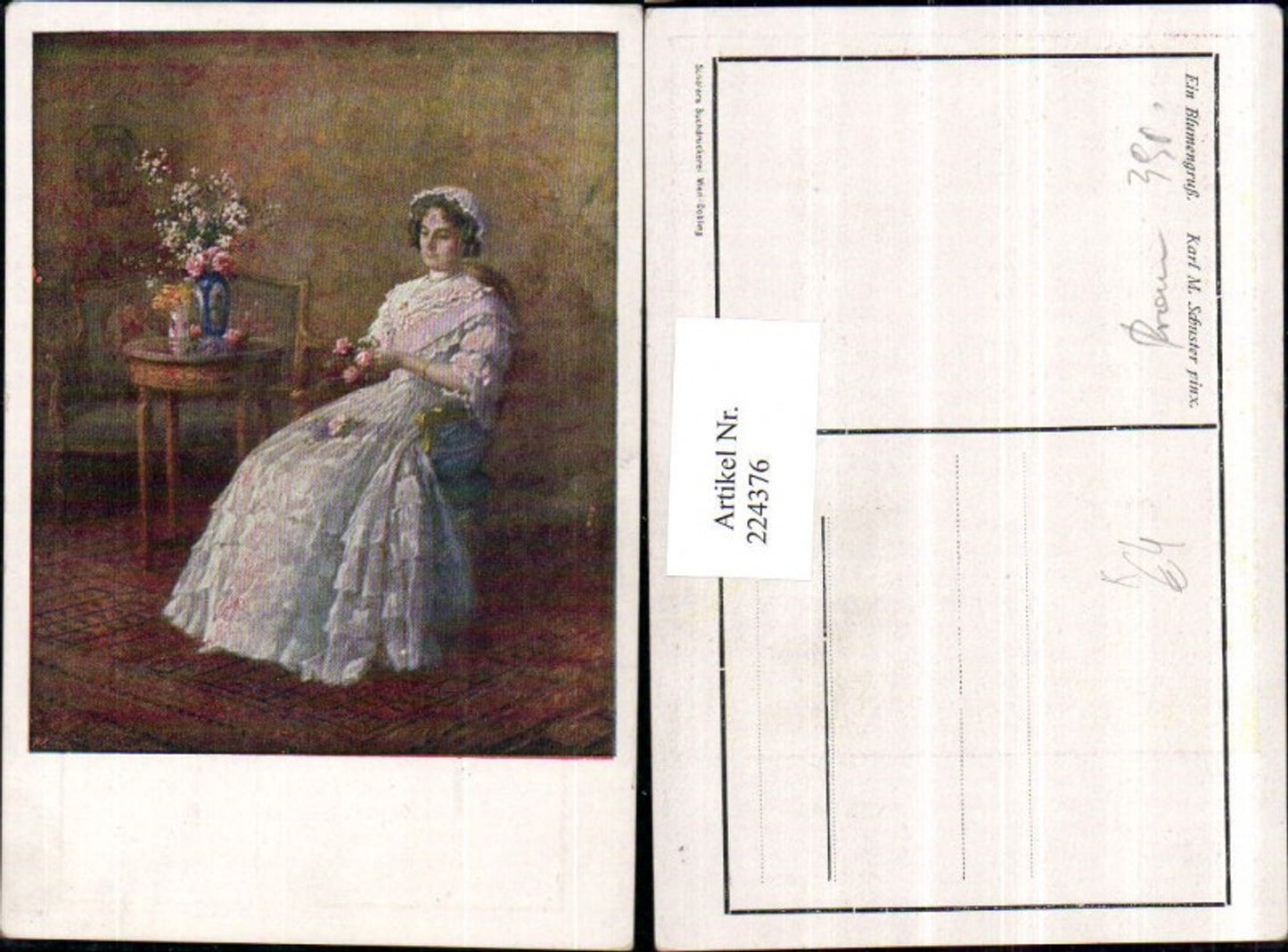 224376,Künstler AK Karl M. Schuster Ein Blumengruß Frau m. Kleid Stuhl Blumen Rosen Vase