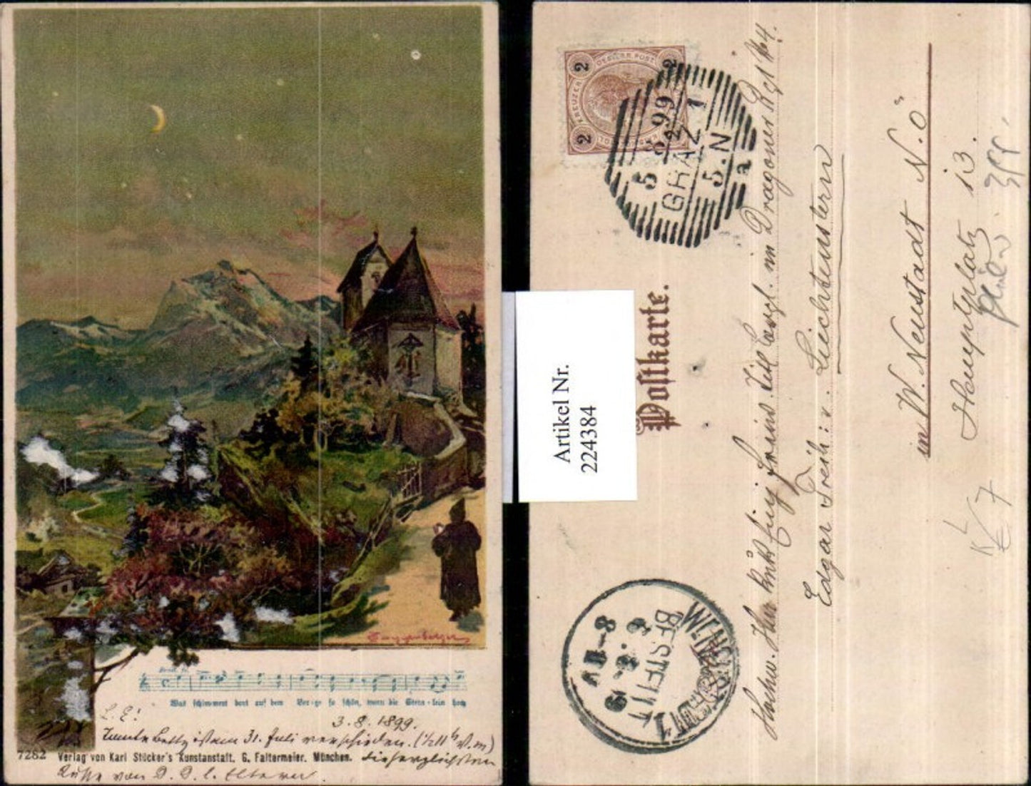 224384,Künstler Litho AK Guggenberger Kirche Landschaft Lied Mondschein